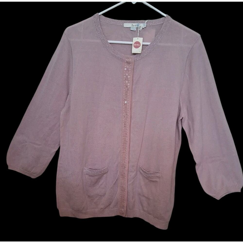 Boden Pink Blush Cardigan 100% Wool Sequin Detail Hand Finished Size 14 NWT